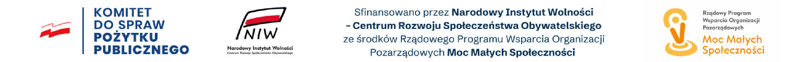 Logotypy: Komitet do spraw Pożytku Publicznego, Narodowy Instytut Wolności, Rządowy Program Wsparcia Organizacji Pozarządowych Moc Małych Społeczności